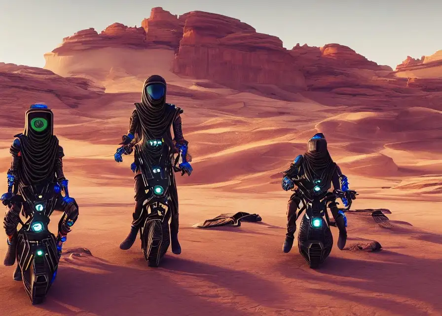 Three shrouded desert nomads on glowing electric unicycles in a red rock canyon — AI artwork from the Mars bots channel, 2023