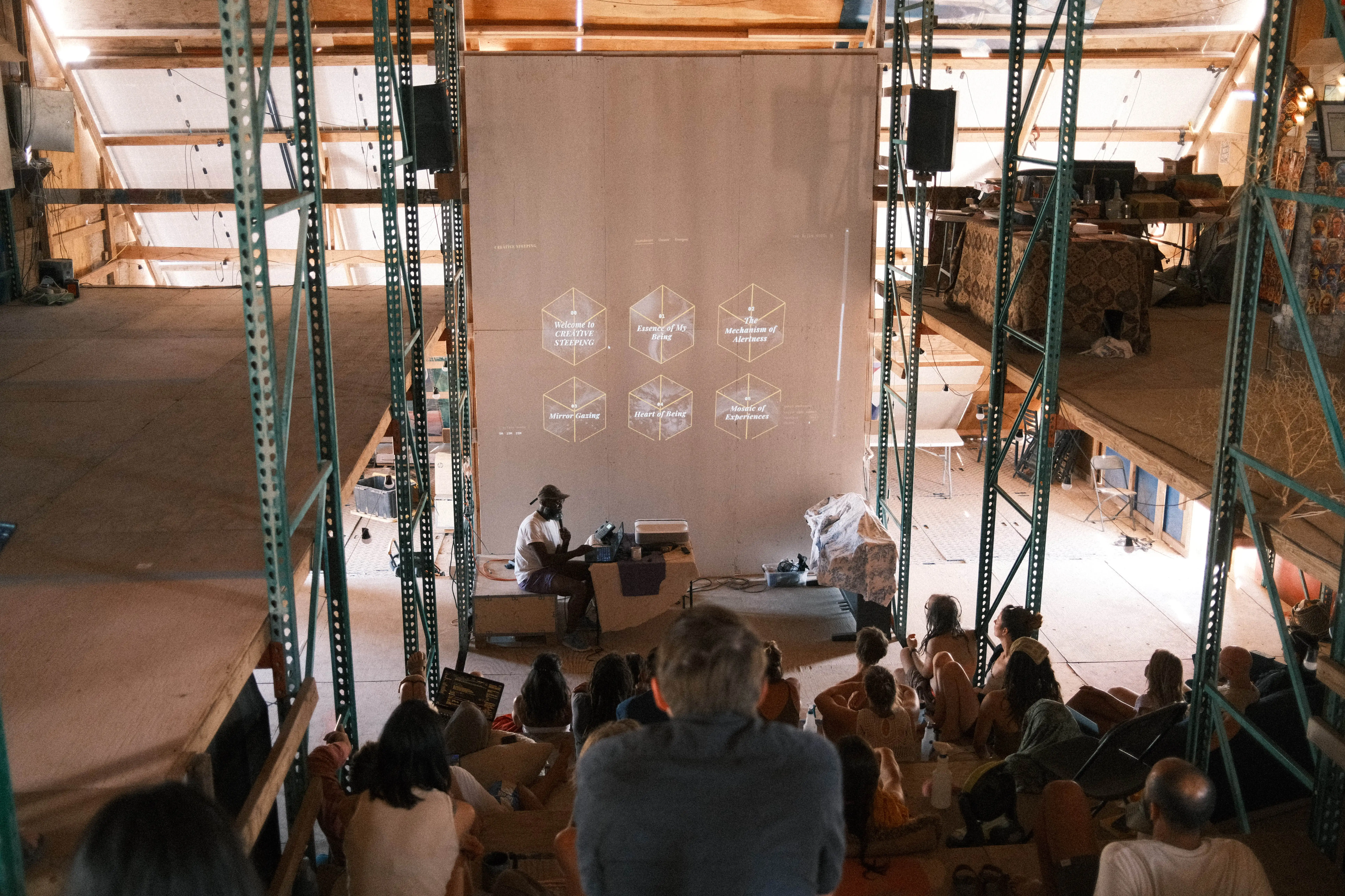Mars 2026 finals presentation — projected geometric diagrams between pallet-rack columns
