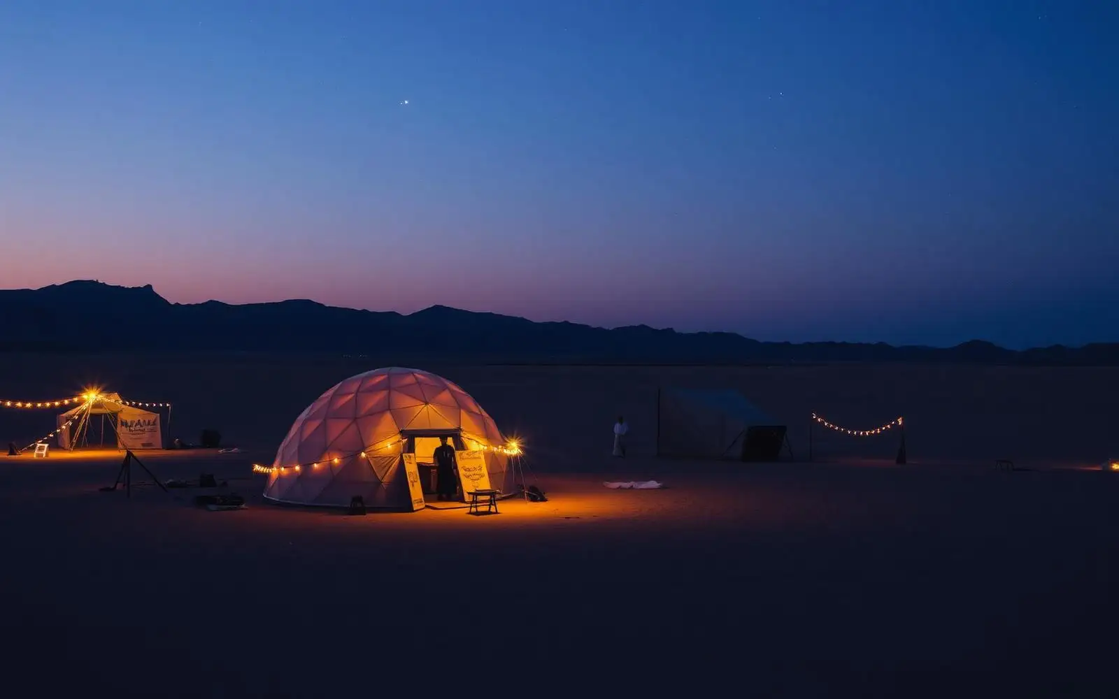 Geodesic dome glowing at dusk