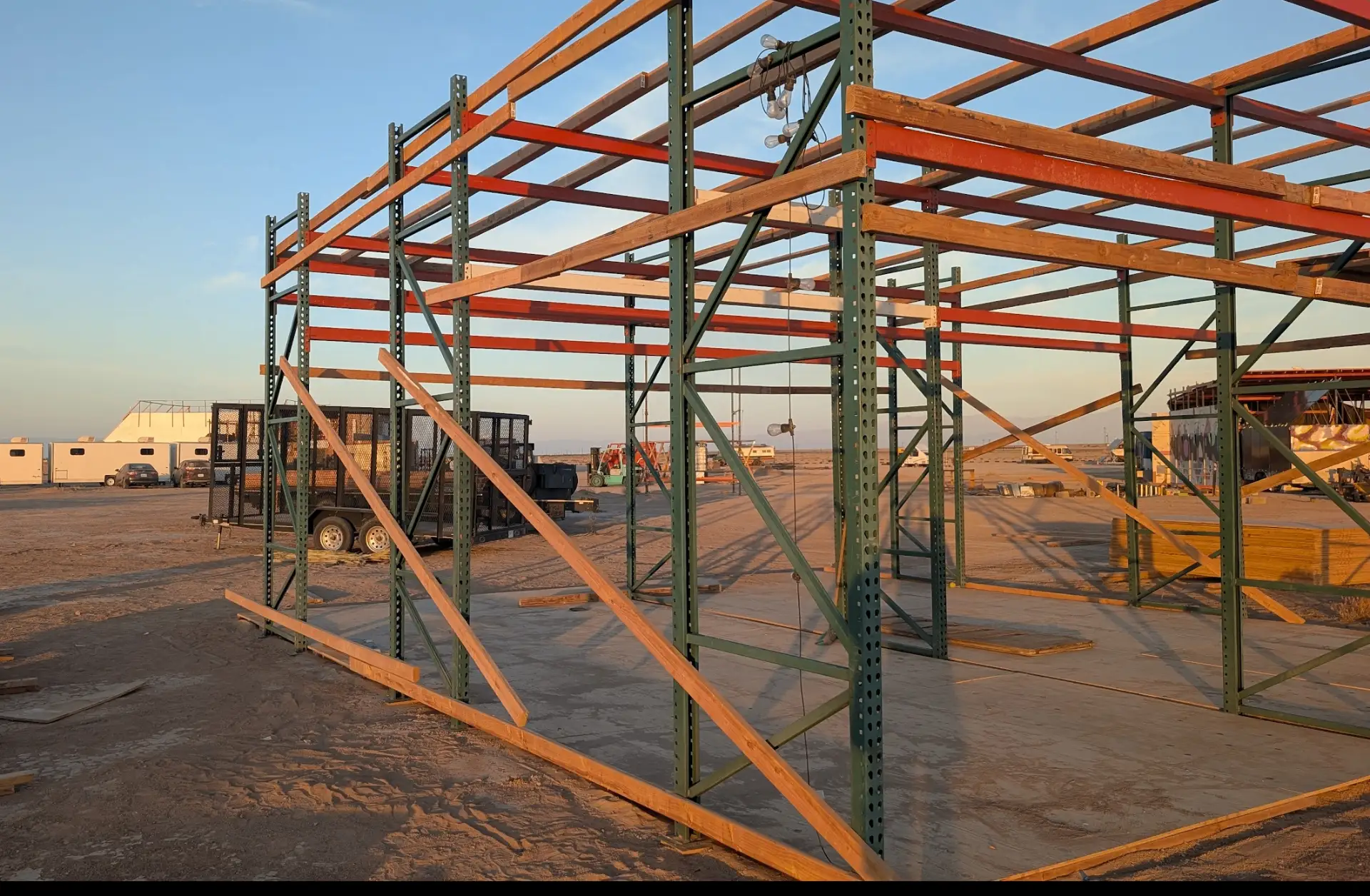 Building frame rising from the desert