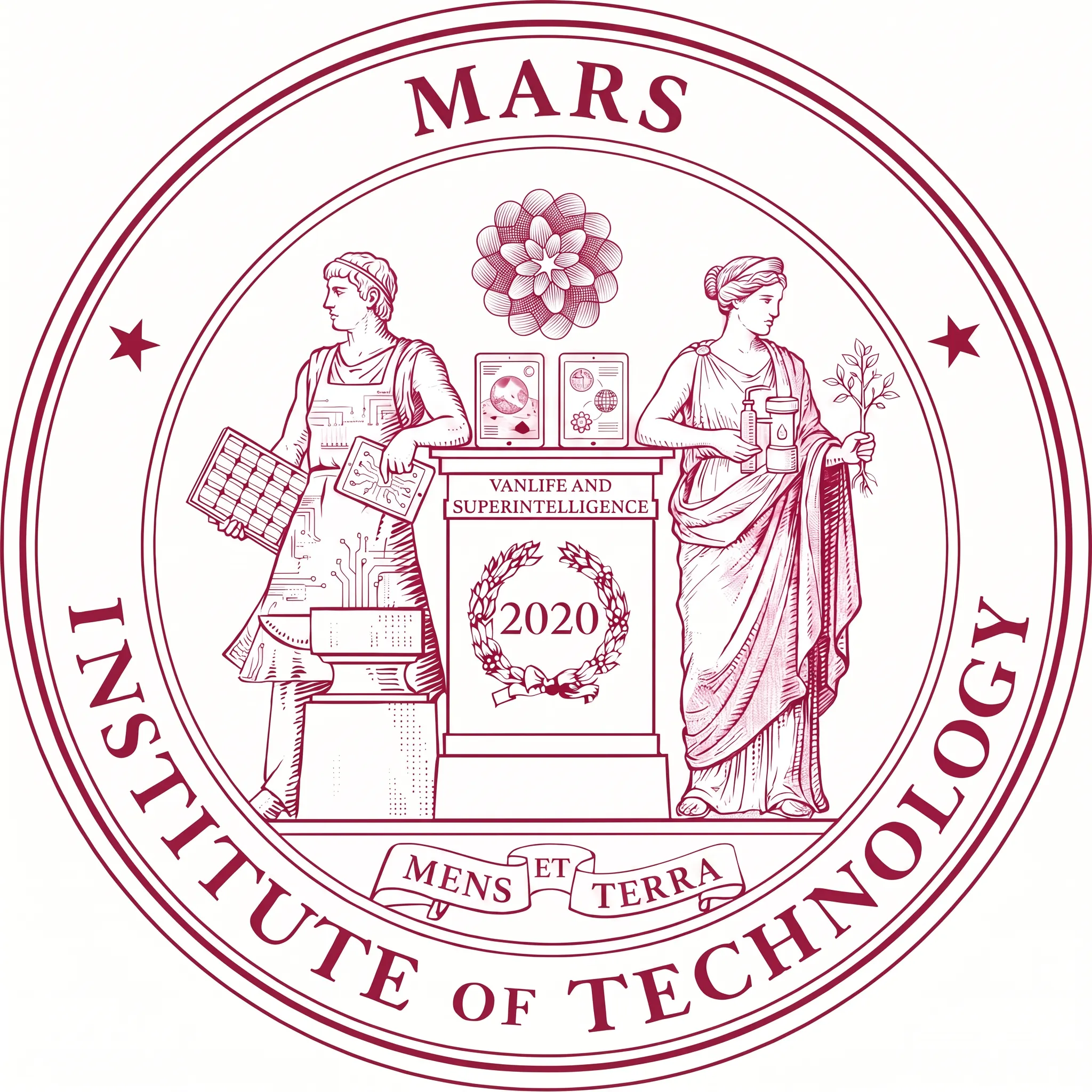 The seal of the Mars Institute of Technology — two engraved figures flank a pedestal reading Vanlife and Superintelligence over the year 2020, above the motto Mens et Terra